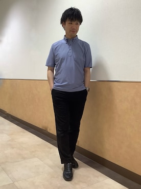 「TOKYO SHIRTS（トウキョウシャツ）のビズポロ コンフォートドライ 半袖ポロシャツ（ポロシャツ、ブルー系）」を使った、BRICK HOUSE by Tokyo Shirts 青森エルム店さん（メンズ・171cm）の春コーディネート