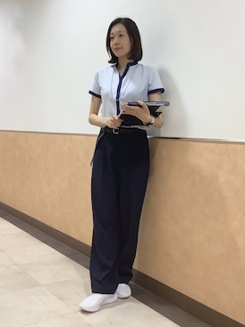 「TOKYO SHIRTS（トウキョウシャツ）の【吸水速乾】【COFREX】配色 スキッパー衿 ブラウス 半袖 レディースデザインシャツ（シャツ/ブラウス、ブルー系）」を使った、BRICK HOUSE by Tokyo Shirts 青森エルム店さん（レディース・164cm）の夏コーディネート