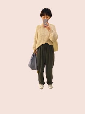 「スウェットギャザーパンツ」｜「アイテム（スウェットパンツ）」を使った、するめさん（レディース・158cm）の春コーディネート