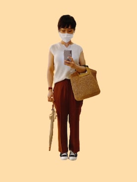 「LOWRYS FARM（ローリーズファーム）のセンタープレスカラーフレアパンツ　870189（その他パンツ）」を使った、するめさん（レディース・158cm）の夏コーディネート