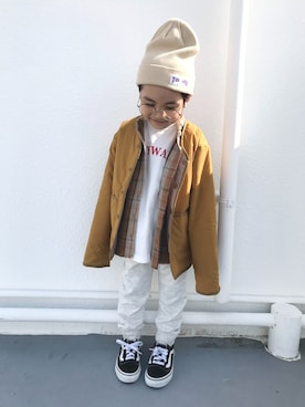 「CIAOPANIC TYPY（チャオパニックティピー）のアイテム（ノーカラージャケット）」を使った、kino358さん（キッズ・110cm）の冬コーディネート