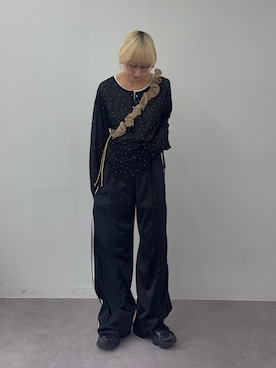 「etsinta（エシンタ）の≪新色追加≫【etsinta/エシンタ】リメイクトラックジャージーパンツ（スウェットパンツ、ブラック系）」を使った、ayakaさん（レディース・158cm）の夏コーディネート