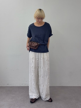 「CIAOPANIC TYPY（チャオパニックティピー）の【3サイズ展開】ボタニカルワイドイージーレースパンツ（その他パンツ、ホワイト系）」を使った、ayakaさん（レディース・158cm）の夏コーディネート