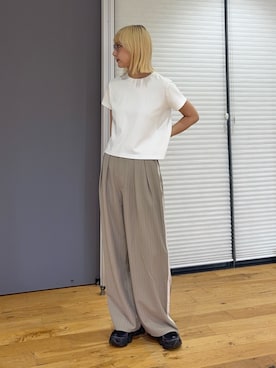 「CIAOPANIC TYPY（チャオパニックティピー）の【UNISEX】タックボリュームワイドスラックスパンツ/サイドラインスラックス（スラックス、ベージュ系）」を使った、ayakaさん（レディース・158cm）の夏コーディネート