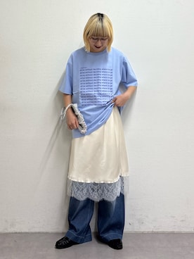 「CIAOPANIC TYPY（チャオパニックティピー）の【UNISEX】【全12色展開】メッセージプリント半袖Tee（Tシャツ/カットソー、ブルー系）」を使った、ayakaさん（レディース・158cm）の春コーディネート