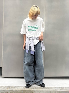 「CIAOPANIC TYPY（チャオパニックティピー）の【UNISEX】【プラスサイズあり】ポコポコメッセージロゴTEE（Tシャツ/カットソー、ホワイト系）」を使った、ayakaさん（レディース・158cm）の春コーディネート
