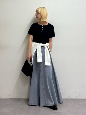 「CIAOPANIC TYPY（チャオパニックティピー）のシアーボーダーロンTee（Tシャツ/カットソー、ホワイト系）」を使った、ayakaさん（レディース・158cm）の春コーディネート