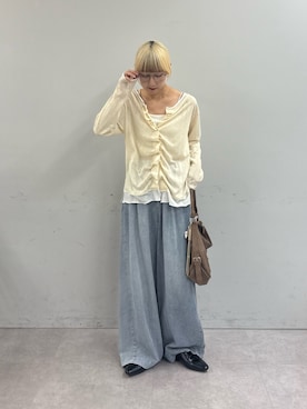 「CIAOPANIC TYPY（チャオパニックティピー）のフロントタックレイヤードライクメランジリブカーデ（Tシャツ/カットソー、イエロー系）」を使った、ayakaさん（レディース・158cm）の夏コーディネート