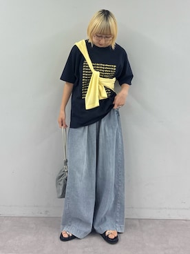 「CIAOPANIC TYPY（チャオパニックティピー）の【UNISEX】【新色追加】メッセージプリント半袖Tee（Tシャツ/カットソー、ブルー系）」を使った、ayakaさん（レディース・158cm）の夏コーディネート