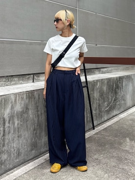 「CIAOPANIC TYPY（チャオパニックティピー）の【UNISEX】タックボリュームワイドスラックスパンツ/サイドラインスラックス（スラックス、ブルー系）」を使った、ayakaさん（レディース・158cm）の夏コーディネート