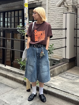「CIAOPANIC TYPY（チャオパニックティピー）の【UNISEX】【プラスサイズあり】スラブ天竺ピグメントロゴTEE（Tシャツ/カットソー、ブラウン系）」を使った、ayakaさん（レディース・158cm）の春コーディネート