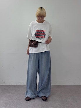 「CIAOPANIC TYPY（チャオパニックティピー）の【UNISEX】【プラスサイズあり】DOG＆CATアソートロゴプリントTee（Tシャツ/カットソー、ホワイト系）」を使った、ayakaさん（レディース・158cm）の夏コーディネート