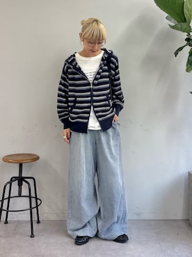 「CIAOPANIC TYPY（チャオパニックティピー）の柔らかワイドイージーデニム（デニムパンツ、ブルー系）」を使った、ayakaさん（レディース・158cm）の夏コーディネート