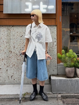 「CIAOPANIC TYPY（チャオパニックティピー）の【UNISEX】アソート柄プリントシャツ（シャツ/ブラウス、ホワイト系）」を使った、ayakaさん（レディース・158cm）の夏コーディネート
