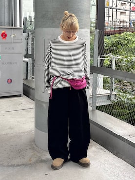 「CIAOPANIC TYPY（チャオパニックティピー）のオーバーサイズマルチボーダーロンTee（Tシャツ/カットソー、ホワイト系）」を使った、ayakaさん（レディース・158cm）の夏コーディネート