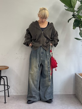 「CIAOPANIC TYPY（チャオパニックティピー）の【UNISEX】ナイロン2WAY巾着バッグ/キーホルダー付き（ショルダーバッグ、レッド系）」を使った、ayakaさん（レディース・158cm）の夏コーディネート