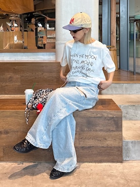 「CIAOPANIC TYPY（チャオパニックティピー）の【WEB限定】手書きメッセージロゴTEE（Tシャツ/カットソー、ホワイト系）」を使った、ayakaさん（レディース・158cm）の夏コーディネート