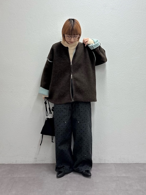 軽アウターとしても◎/ふわもち】ダブルジップ配色ヤクライクニット