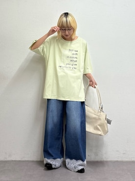 「CIAOPANIC TYPY（チャオパニックティピー）のオーガンジーシアードッキングプリントTEE（Tシャツ/カットソー、グリーン系）」を使った、ayakaさん（レディース・158cm）の春コーディネート