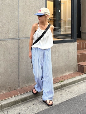 「CIAOPANIC TYPY（チャオパニックティピー）の【willow】サッカーバルーンキャミブラウス（Tシャツ/カットソー、ホワイト系）」を使った、ayakaさん（レディース・158cm）の夏コーディネート