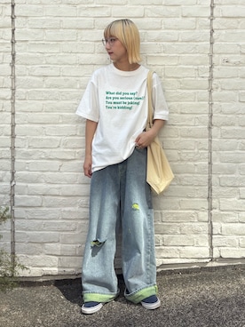 「CIAOPANIC TYPY（チャオパニックティピー）の【UNISEX】【プラスサイズあり】ポコポコメッセージロゴTEE（Tシャツ/カットソー、ホワイト系）」を使った、ayakaさん（レディース・158cm）の春コーディネート