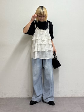 「CIAOPANIC TYPY（チャオパニックティピー）の【UNISEX】【プラスサイズあり】スラブ天竺ピグメントロゴTEE（Tシャツ/カットソー、ブラック系）」を使った、ayakaさん（レディース・158cm）の春コーディネート