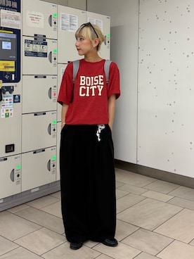 「CIAOPANIC TYPY（チャオパニックティピー）の【UNISEX】ピグメント加工スラブカレッジロゴTEE（Tシャツ/カットソー、レッド系）」を使った、ayakaさん（レディース・158cm）の夏コーディネート