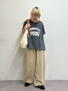 「CIAOPANIC TYPY（チャオパニックティピー）の【UNISEX】ピグメント加工ワッフルイージーパンツ（その他パンツ、ベージュ系）」を使った、ayakaさん（レディース・158cm）の春コーディネート