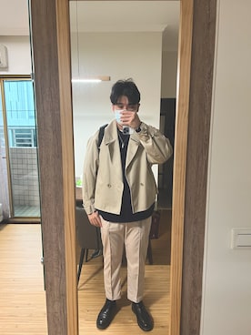 「plain-me（プレインミー）のアイテム（スラックス）」を使った、Vince    Hsuさん（メンズ・178cm）の冬コーディネート