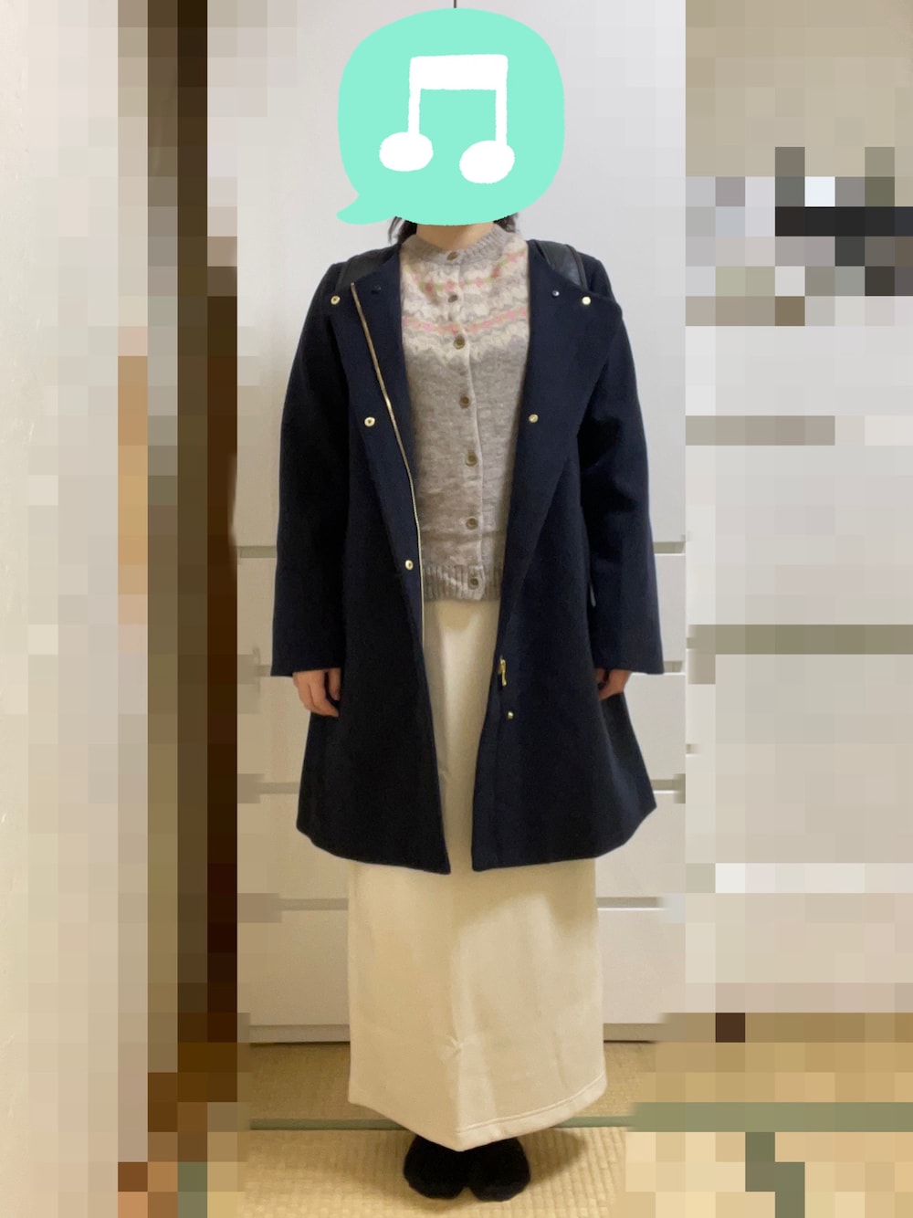 「プチプラ、カーディガン、ニット、スカート、タイトスカート、ブーツ、リュック、マフラー、ロングスカート」｜「UNIQLOのジャガードカーディガン(長袖)（カーディガン/ボレロ、ベージュ系）」を使った、むぅたさん（レディース・159cm）の冬コーディネートの1枚目の写真