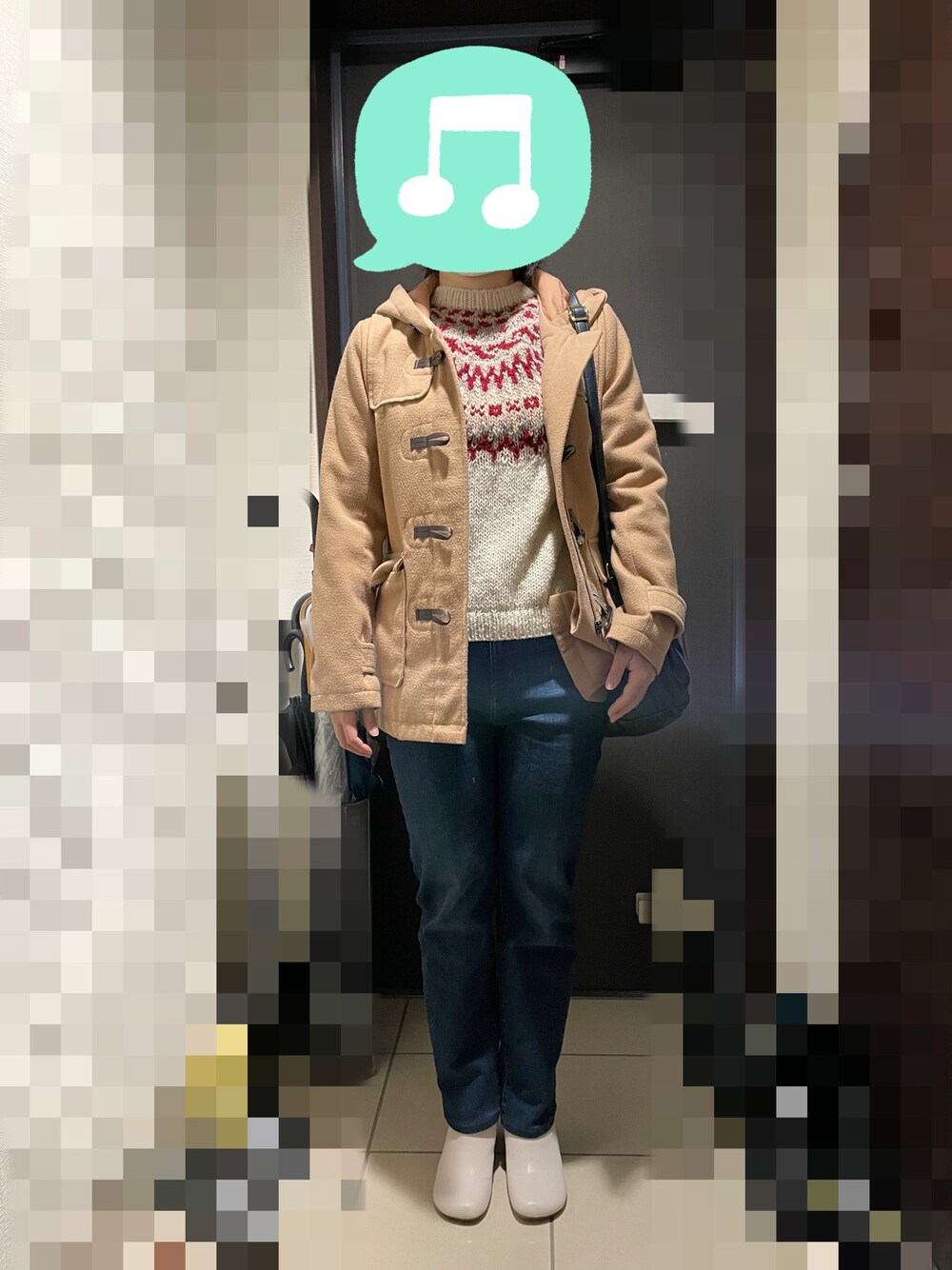 「ニット、ヒートテックデニム、休日スタイル、冬コーデ、ブーツ、デニム、UNIQLO、ショルダーバッグ、プチプラ、GU」｜「BEAMS BOYのBEAMS BOY / ハンド ノルディック クルーネック ニット（ニット/セーター、ホワイト系）」を使った、むぅたさん（レディース・159cm）の冬コーディネートの1枚目の写真