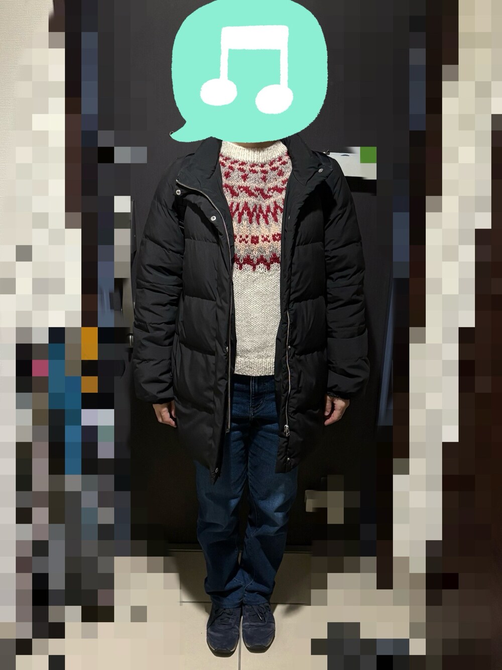 「クリスマスに着たい服、ニット、デニム、ダウンジャケット、スニーカー、リュック」｜「BEAMS BOYのBEAMS BOY / ハンド ノルディック クルーネック ニット（ニット/セーター、ホワイト系）」を使った、むぅたさん（レディース・159cm）の冬コーディネートの1枚目の写真