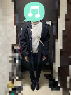「ネイビー」｜「アイテム（ノーカラーコート）」を使った、むぅたさん（レディース・159cm）の冬コーディネート