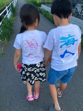 「海人のアイテム（Tシャツ/カットソー、ホワイト系）」を使った、ゆっけさん（キッズ・145cm）の夏コーディネート