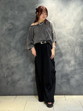 「PAGEBOY（ページボーイ）の＜まるでデニム見え！/紫外線カット/接触冷感/ストレッチ＞マルデニルーズネックトップス（Tシャツ/カットソー、グレー系）」を使った、　Ayuさん（レディース・157cm）の夏コーディネート