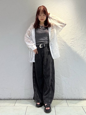「PAGEBOY（ページボーイ）の＜まるでデニム見え！/紫外線カット/接触冷感/ストレッチ＞マルデニメガレッグパンツ（デニムパンツ、ブラック系）」を使った、　Ayuさん（レディース・157cm）の夏コーディネート