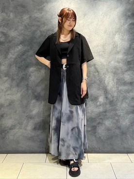 「PAGEBOY（ページボーイ）のスモークアートフレアスカート（スカート、グレー系）」を使った、　Ayuさん（レディース・157cm）の夏コーディネート