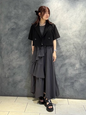 「PAGEBOY（ページボーイ）のフラップデザインショートジャケット（テーラードジャケット、ブラック系）」を使った、　Ayuさん（レディース・157cm）の夏コーディネート