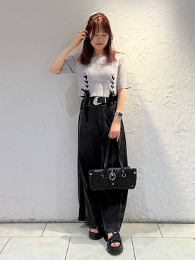 「PAGEBOY（ページボーイ）の【マシンウォッシャブル/前後2WAY】レースアップリブ×タンクSET（Tシャツ/カットソー、グレー系）」を使った、　Ayuさん（レディース・157cm）の夏コーディネート