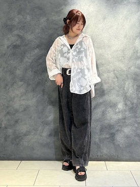 「PAGEBOY（ページボーイ）のレースジャガードシアーシャツ（シャツ/ブラウス、ホワイト系）」を使った、　Ayuさん（レディース・157cm）の夏コーディネート