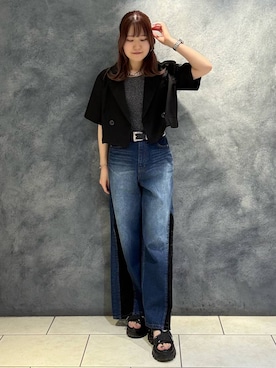 「PAGEBOY（ページボーイ）のフラップデザインショートジャケット（テーラードジャケット、ブラック系）」を使った、　Ayuさん（レディース・157cm）の夏コーディネート