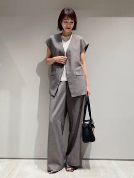 「qualite（カリテ）の【セットアップ対応】ウールライクワイドパンツ（その他パンツ、グレー系）」を使った、MACHIさん（レディース・167cm）の夏コーディネート