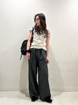 「SENSE OF PLACE by URBAN RESEARCH（センスオブプレイスバイアーバンリサーチ）のチェックイージーパンツ（その他パンツ、ブラック系）」を使った、RURUさん（レディース・155cm）の春コーディネート