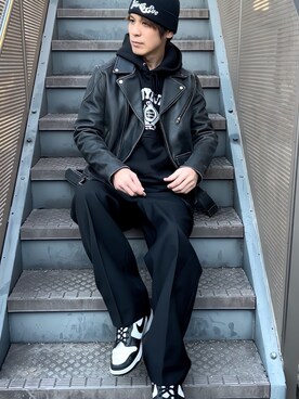 「新星WEARISTAにエントリー」｜「アイテム（ライダースジャケット）」を使った、Yivさん（メンズ・177cm）の冬コーディネート
