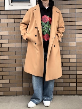 「no brand（ノーブランド）のアイテム（チェスターコート）」を使った、Yivさん（メンズ・177cm）の冬コーディネート