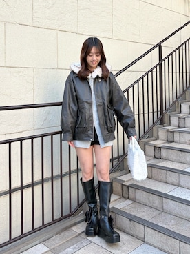 「アイテム（ライダースジャケット）」を使った、yuumiさん（レディース・163cm）の冬コーディネート