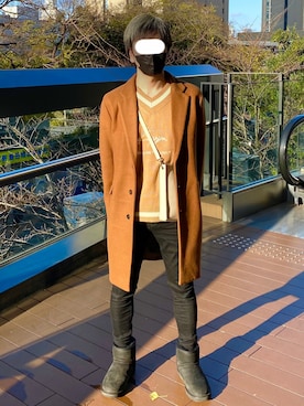 「アイテム（チェスターコート、イエロー系）」を使った、shigechaさん（メンズ・170cm）の冬コーディネート