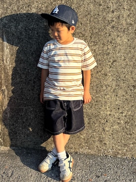 「NEW ERA（ニューエラ）のアイテム（キャップ、ブルー系）」を使った、Reo   Rito Ruiさん（キッズ・100cm）の夏コーディネート