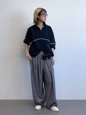 「BARNYARDSTORM（バンヤードストーム）のBARNYARDSTORM / ウエストボタンタタックパンツ / ハンドウォッシャブル（その他パンツ、グレー系）」を使った、MIYUさん（レディース）の春コーディネート