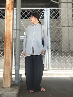 「KBF（ケイビーエフ）のシアーストライプレイヤードシャツ（シャツ/ブラウス、ブルー系）」を使った、こばさん（レディース・165cm）の夏コーディネート